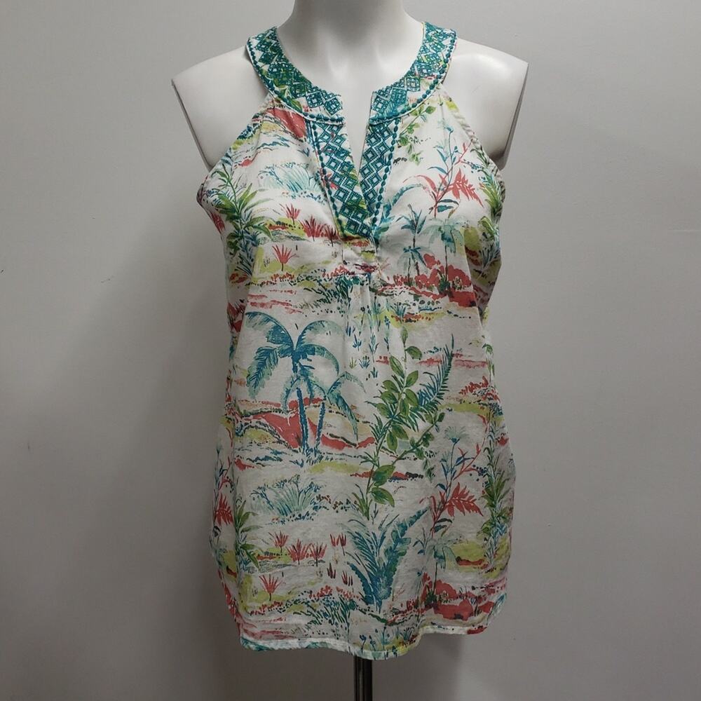 Sigrid Olden Embroidered Sleeveless Tropical Print Blouse Summer Women's Small